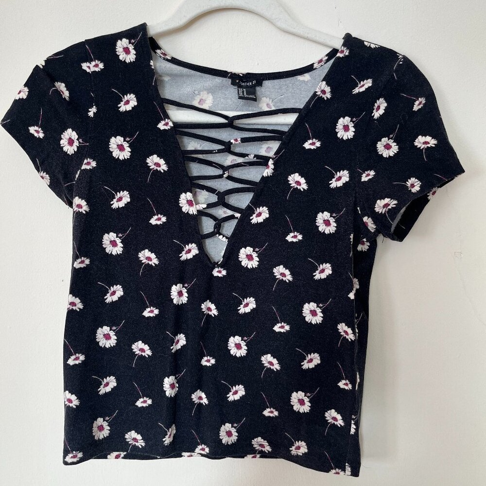 Black crop top with white flowers